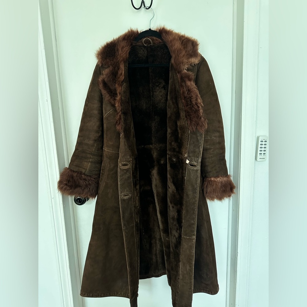 Vintage Chocolate Brown Shearling and Fur Long Penny Lane Coat - Picture 3 of 4